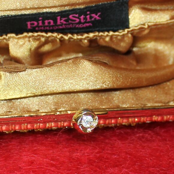 Pink Stix Beaded Evening Bag - Gold-tones and Rhinestones  Very Glamorous 8"x 4" - Picture 5 of 7